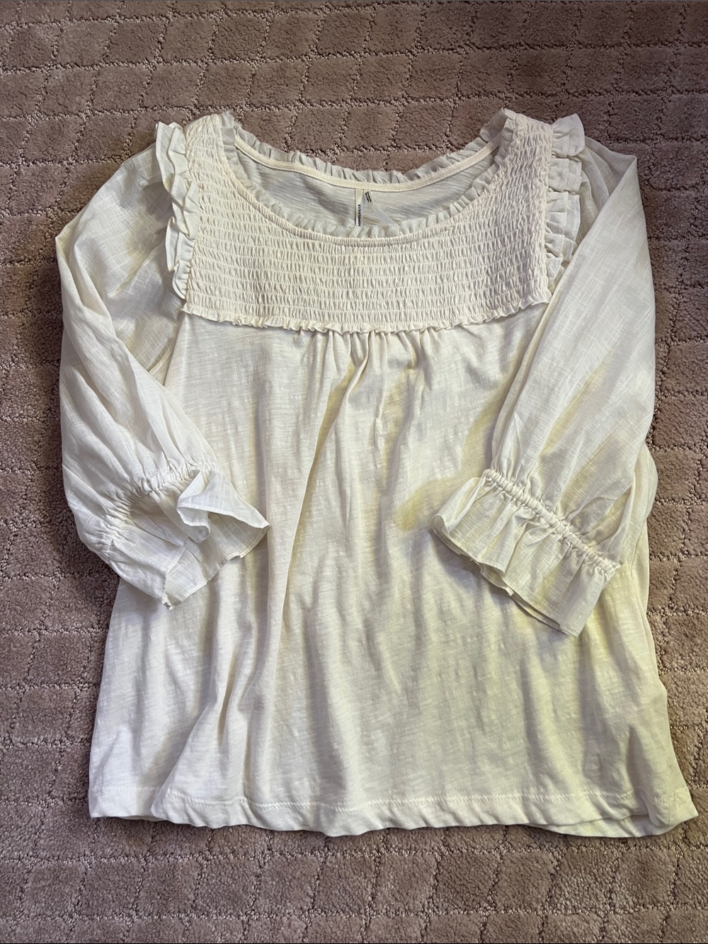 Anthropologie Cream Smocked Ruffle Yoke Top